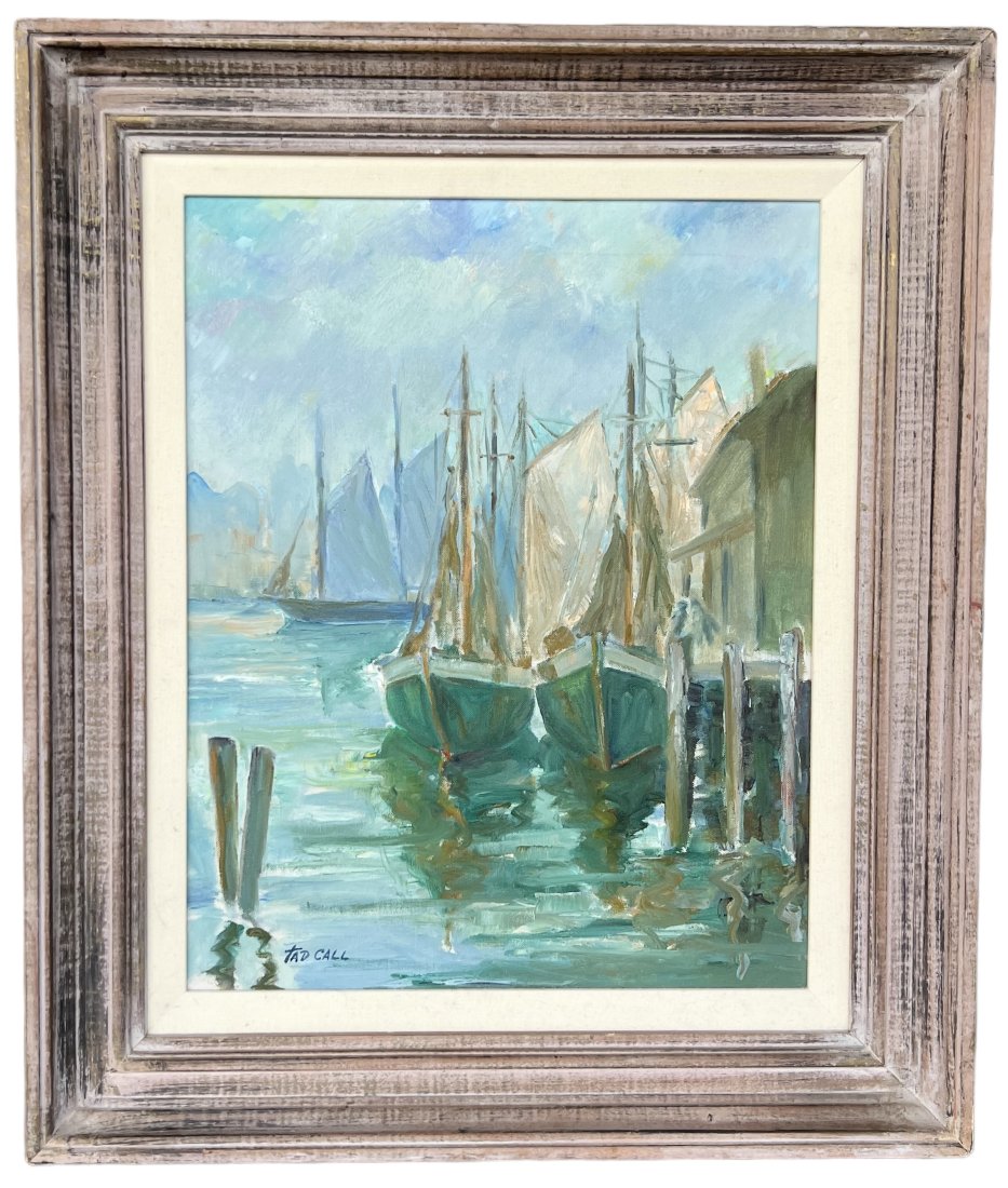 TAD CALL (20th c, American) Rockport Artist, Harbor Scene: Oil on canvas 20 x 16 in, 26.5 x 22.5 in