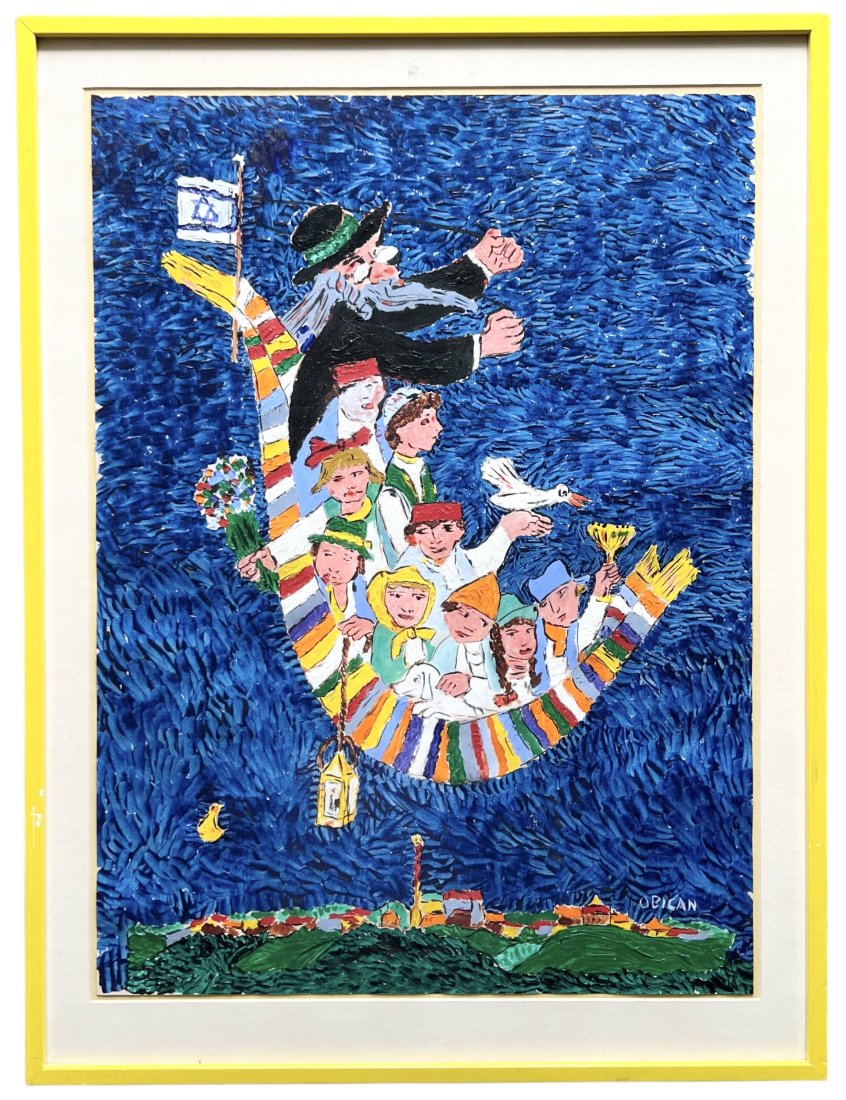 JOVAN OBICAN (1918-1986, French) Jewish Art: Acrylic on paper 24 x 18 in, 29 x 22 in (framed)
