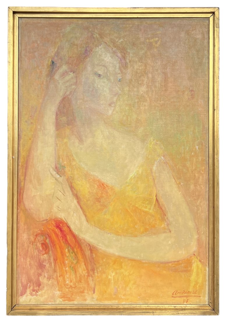 GUIDO AMICARELLI (20th c, Itay, Argentina) Modernist Portrait: Oil on masonite 37.5 x 25.5 in (framed)