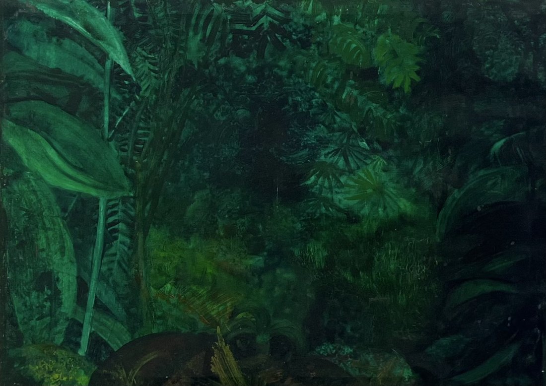 Vintage Haitian School Jungle Scene, Artist Unknown: Oil on canvas 40 x 30 in
