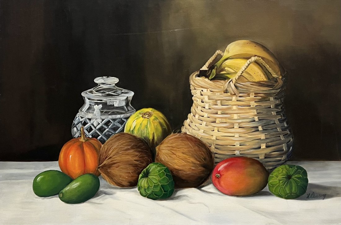 Vintage Still Life Of Fruit, Signed Realism: Oil on canvas 36 x 24 in