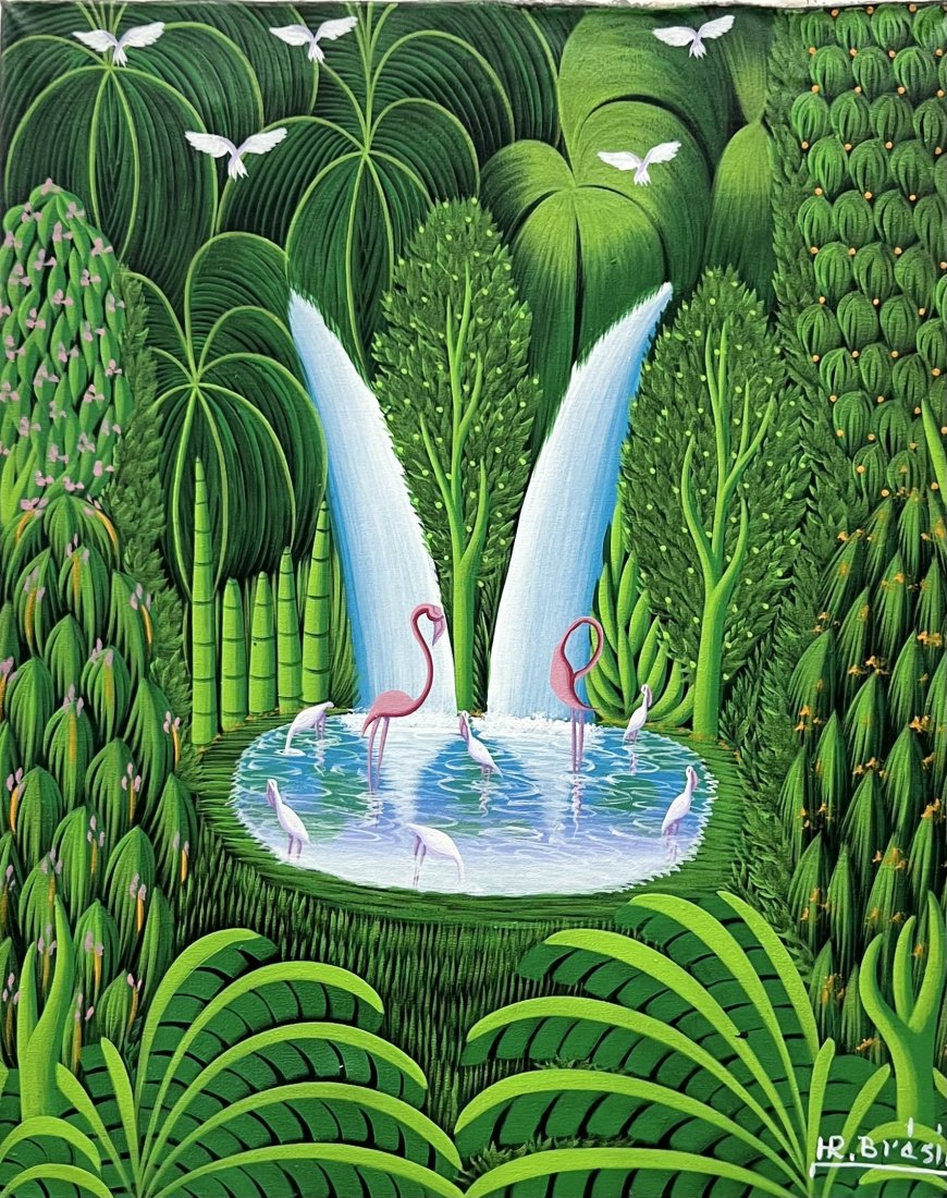 HENRI ROBERT BRESIL (1952-1999, Haiti) Jungle Landscape: Oil on canvas 16 x 20 in