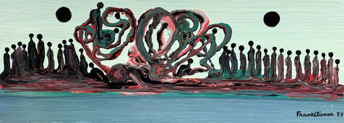 FRANK ETIENNE (b. 1936, Haiti) Surrealist: Oil on board 24 x 9 in