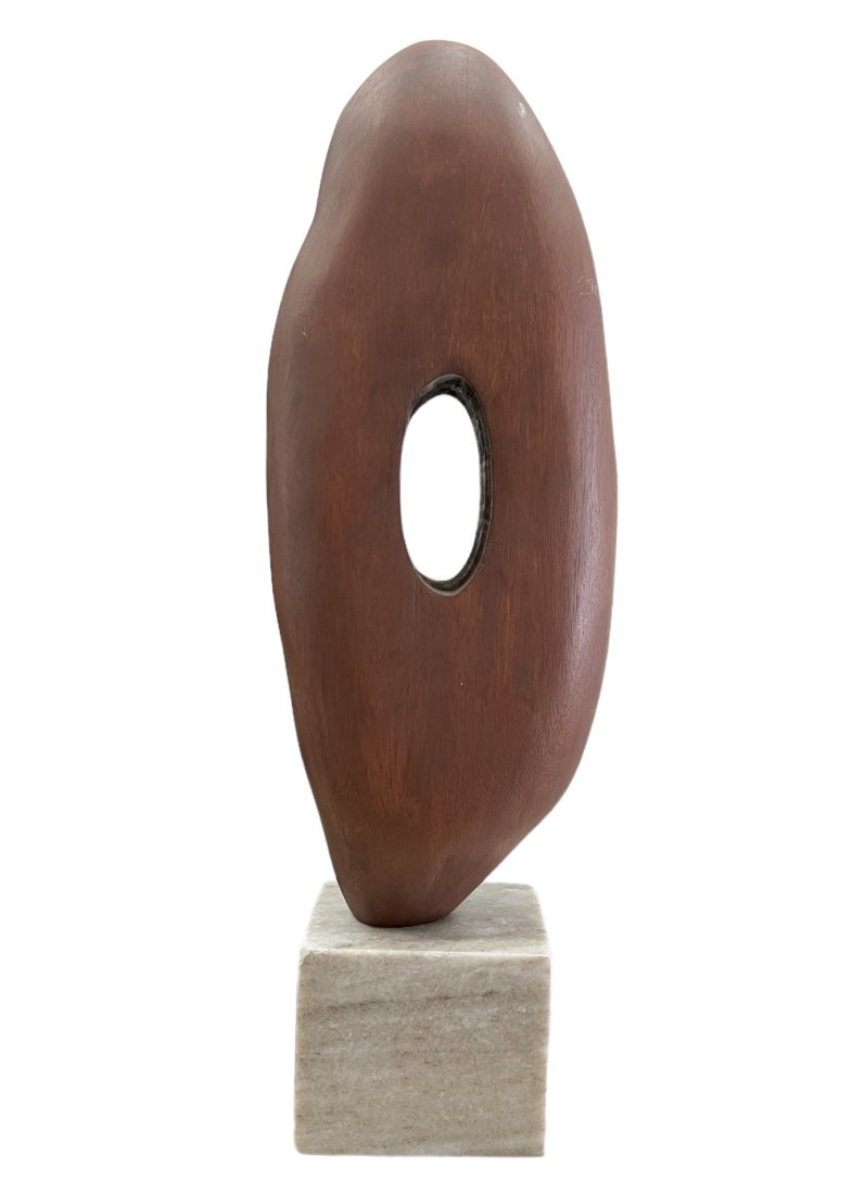 Modernist Wood Sculpture On Marble Base: 17 x 5 x 3 in