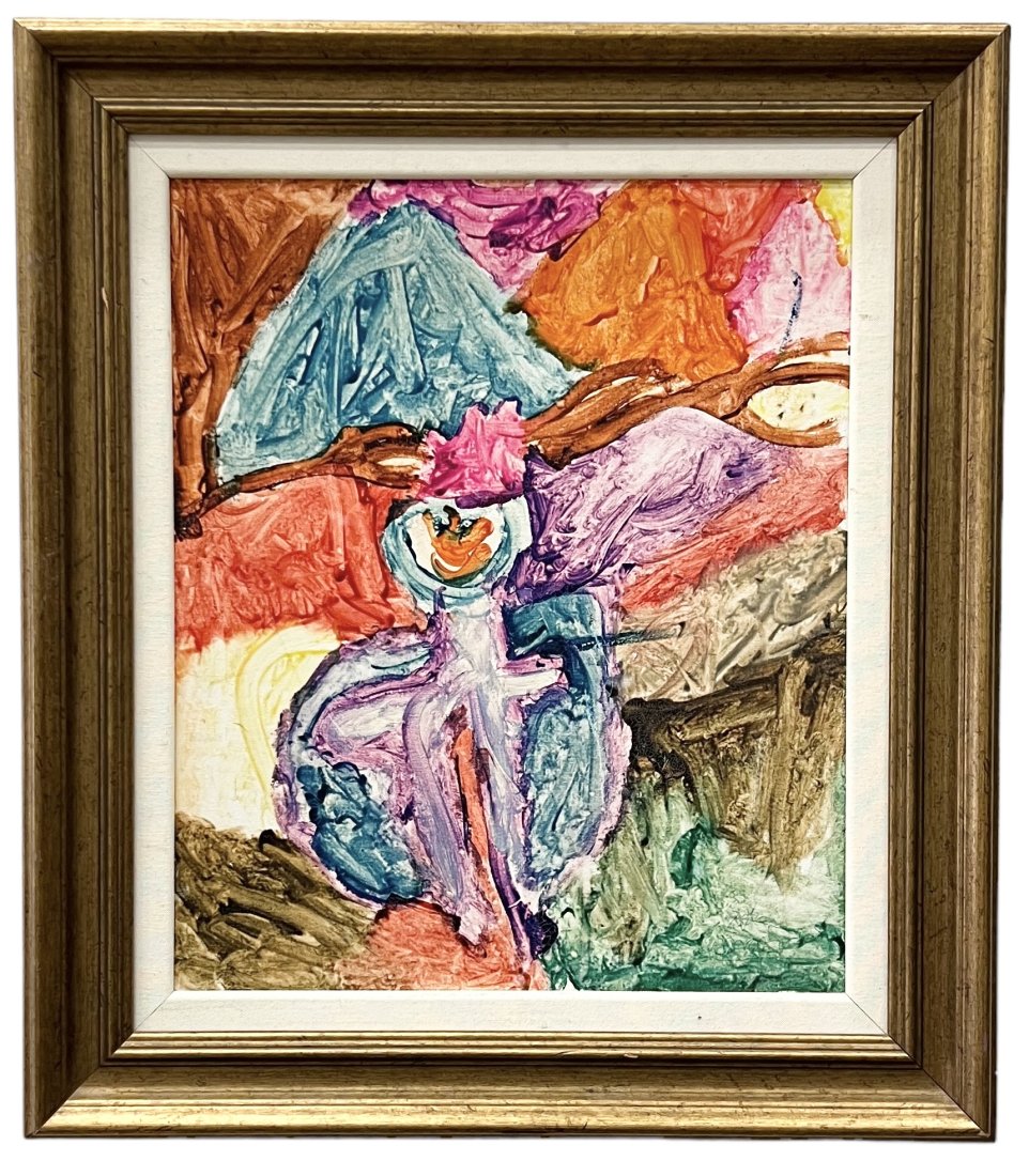 Vintage Abstract Painting, Illegible Signature: Mixed media on canvas 21.5 x 18 in, 29 x 25.5 in (framed)