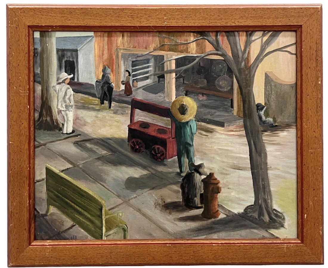 BECKY POWELL (20th c, American) WPA Street Scene: Oil 24 x 19.5 in (framed
