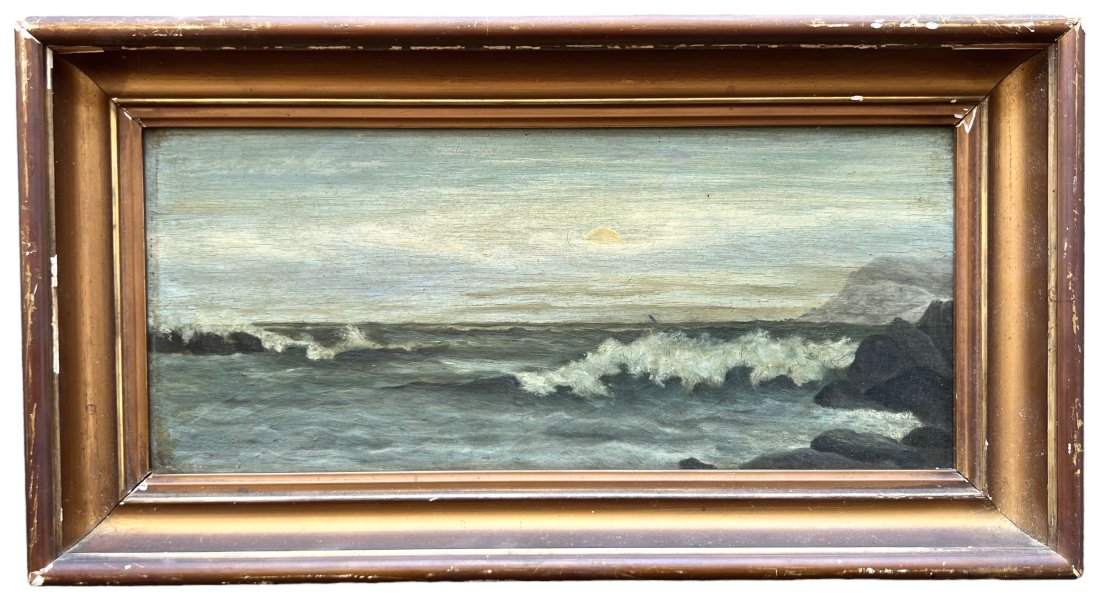 Antique Seascape Coastal Landscape Painting: Oil on board 12 x 5.5 in, 15 x 8 in (framed)