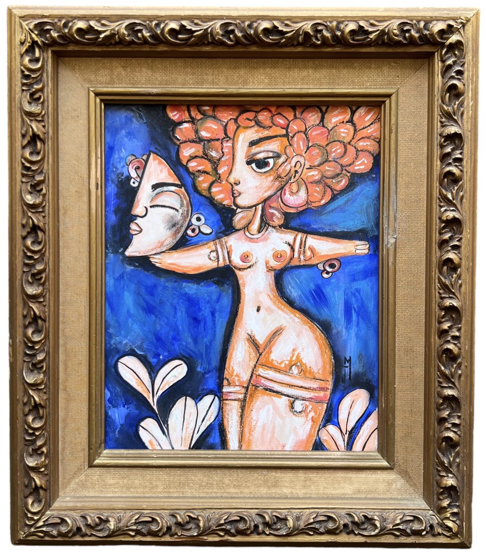 Mexican Nude Cubist Painting, Signed: Oil on board 8 x 10 in