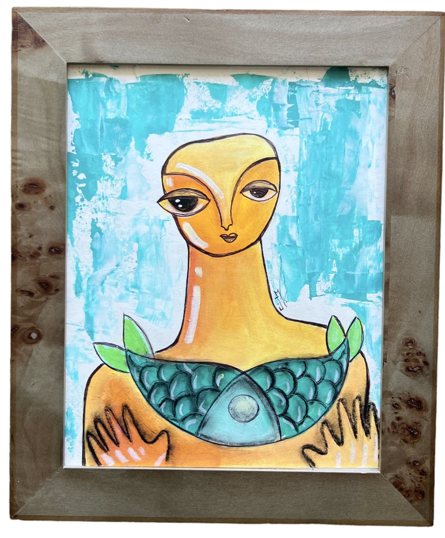 Mexican Modernist Figure Painting, Signed: Mixed media on board 8 x 10