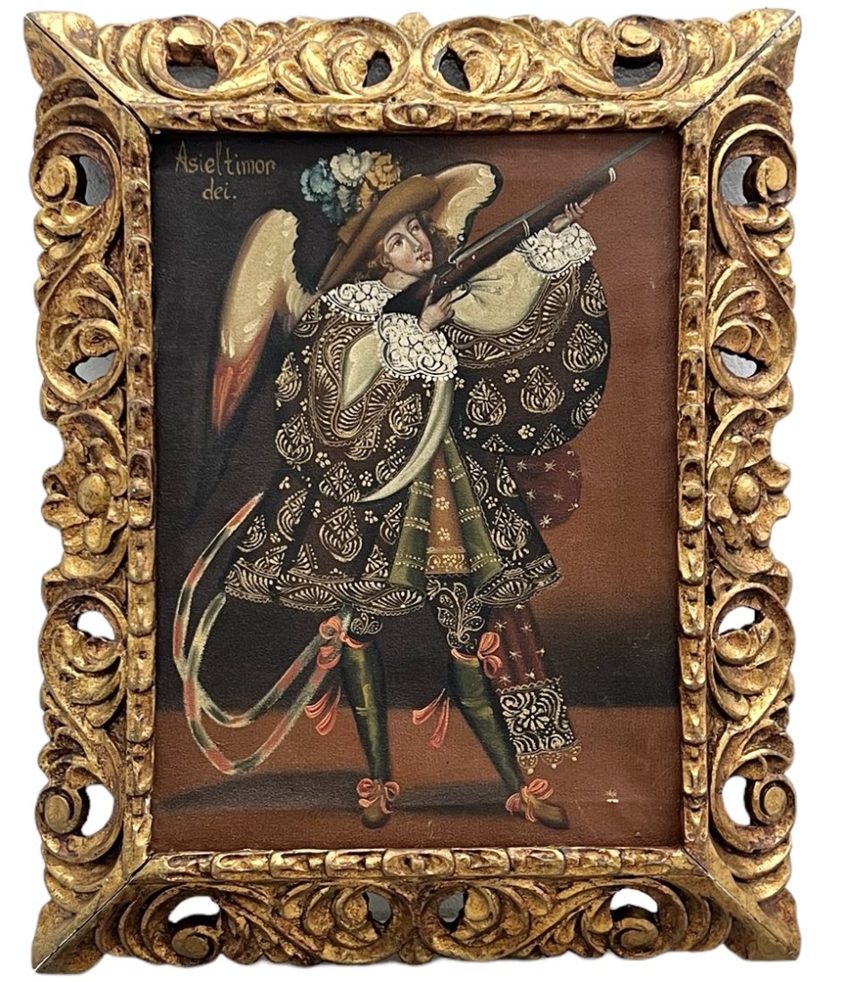 Vintage Cuzco School Painting: Oil on canvas 27 x 17 in (framed)