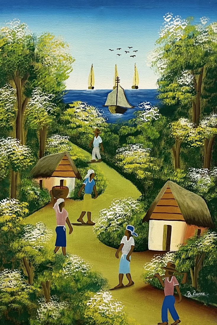 Vintage Haitian Village Scene, Signed: Oil on canvas 24 x 16.5 in