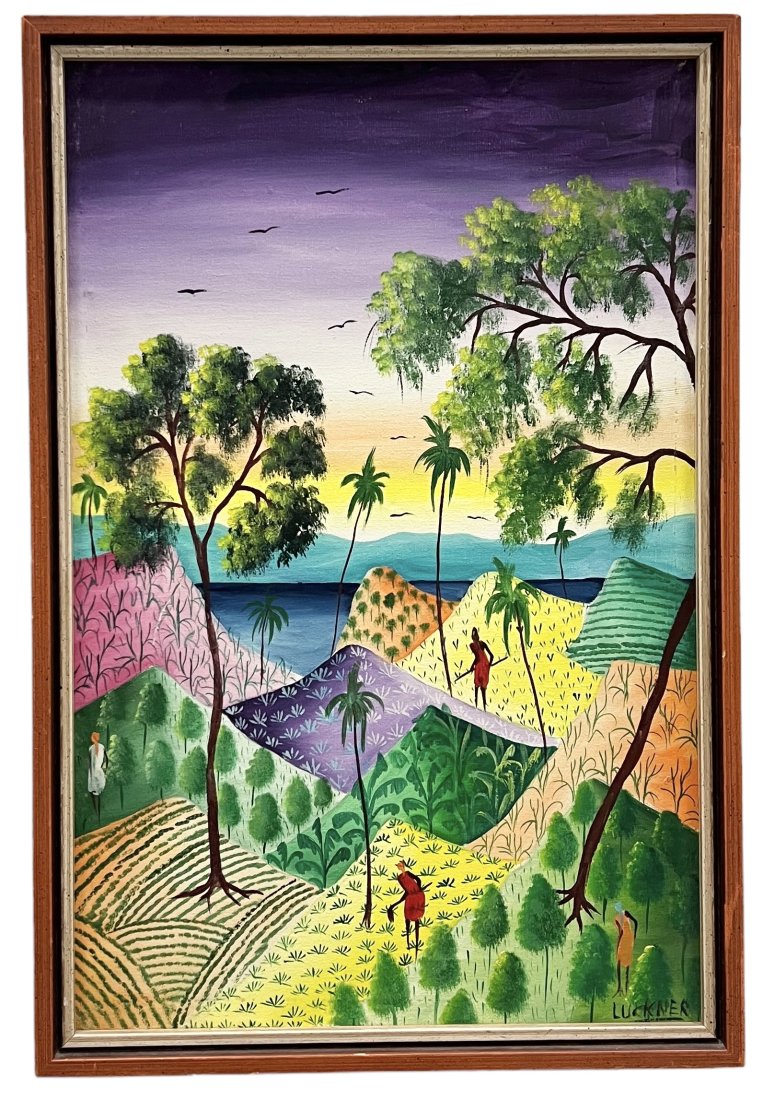 Vintage Haitian Modernist Village Scene Signed Luckner: Oil on canvas 21 1/4 x 15 3/4 in