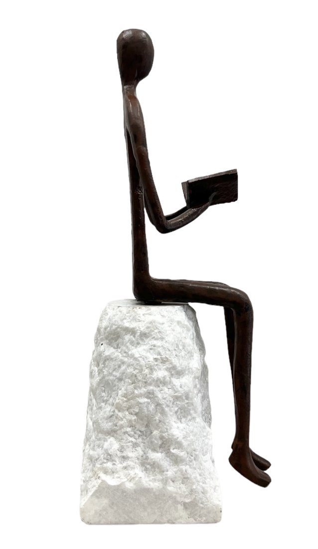 Contemporary Metal Sculpture Figure Reading Seated On Stone Base: 15 x 6 x 4 in