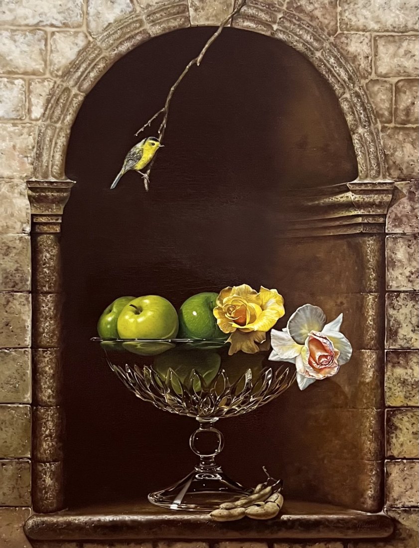 ANTONIO VILLAMIL (20th c, Cuban) Hyperrealist Still Life: Oil on canvas 34 x 26 in