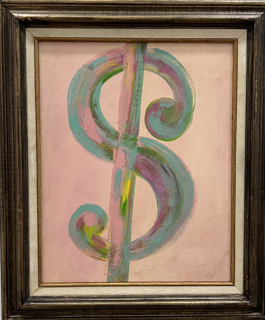 Vintage Pop Art Dollar Sign Painting: Acrylic on canvas 20 x 16 in, unsigned
