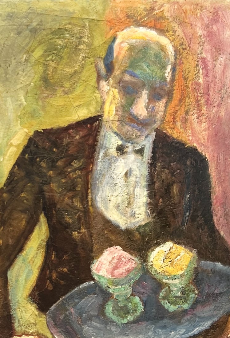 French School Expressionist Server Serving Ice Cream, Unsigned: Oil on canvas 22 x 15 in, 25.5 x 19 in (framed)