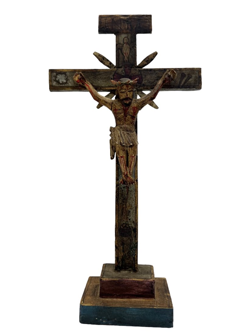 Latin American Retablo Folk Art hand Painted Crucifix: 13 x 7 in