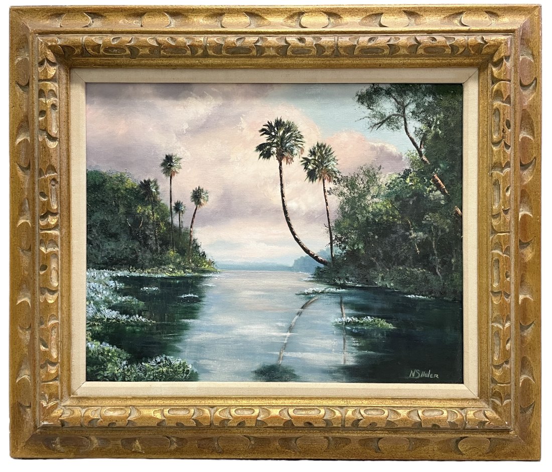 NADINE SHULER (1917-2022, Florida) Everglades Landscape, Student Of Backus: Oil on board 16 x 20 in