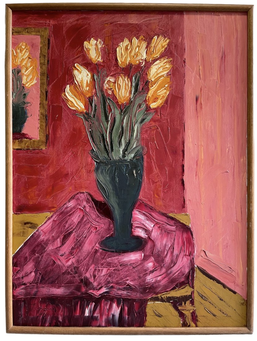 Large Vintage Modernist Still Life Of Flowers, Signed: Oil on canvas 30 x 40 in, 31 x 41 in (framed)