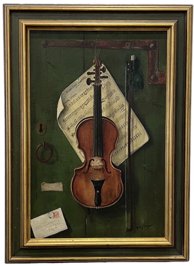 ALBERT CRANKSHAW, Antique English Trompe L'oeil Still Life: Oil on canvas 30 x 20 in, 36.5 x 26.5 in (framed).Manchester City 1919, violin and musical notes