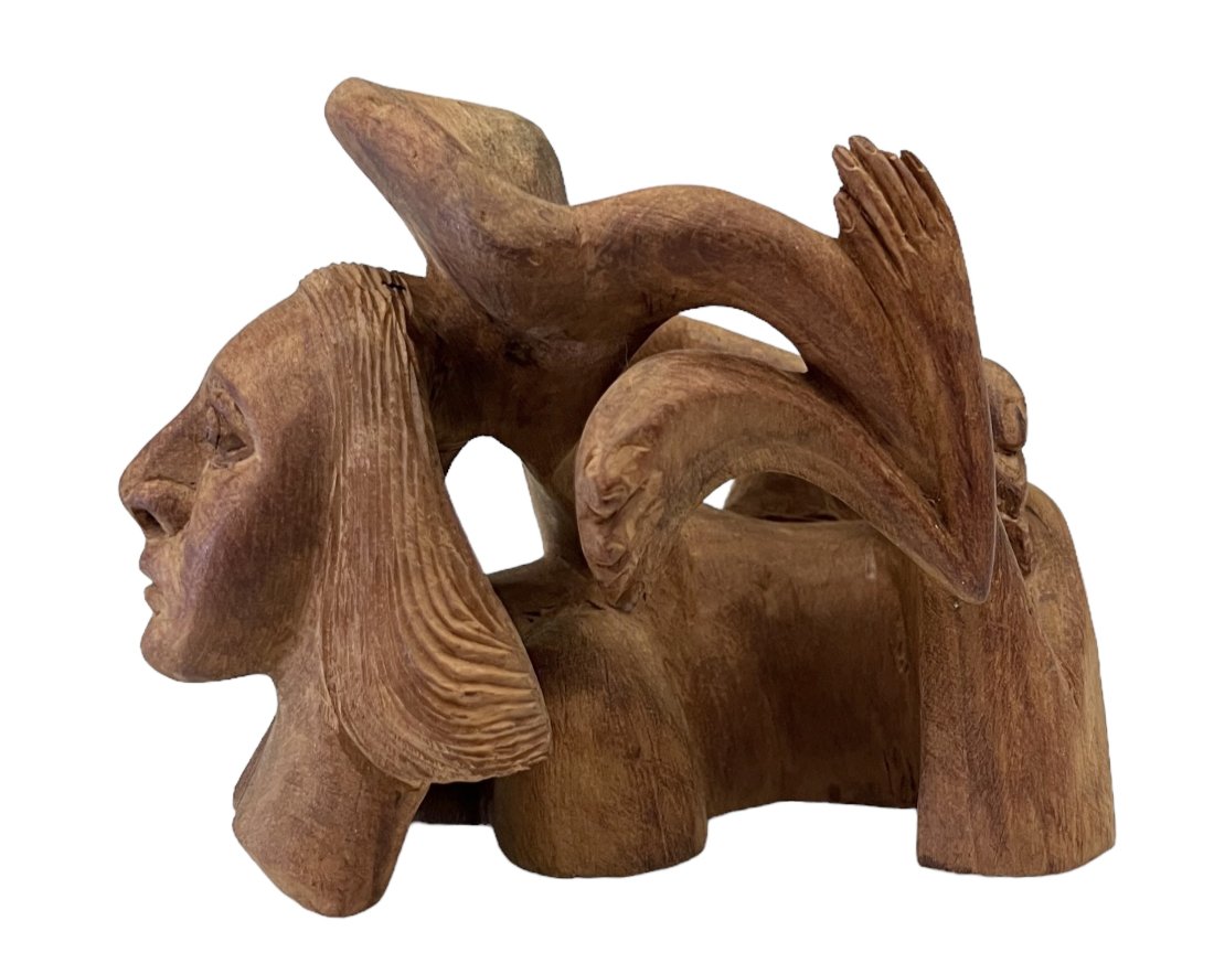 Vintage Carved Wood Sculpture, Signed: Size 7 x 6 x 5 in