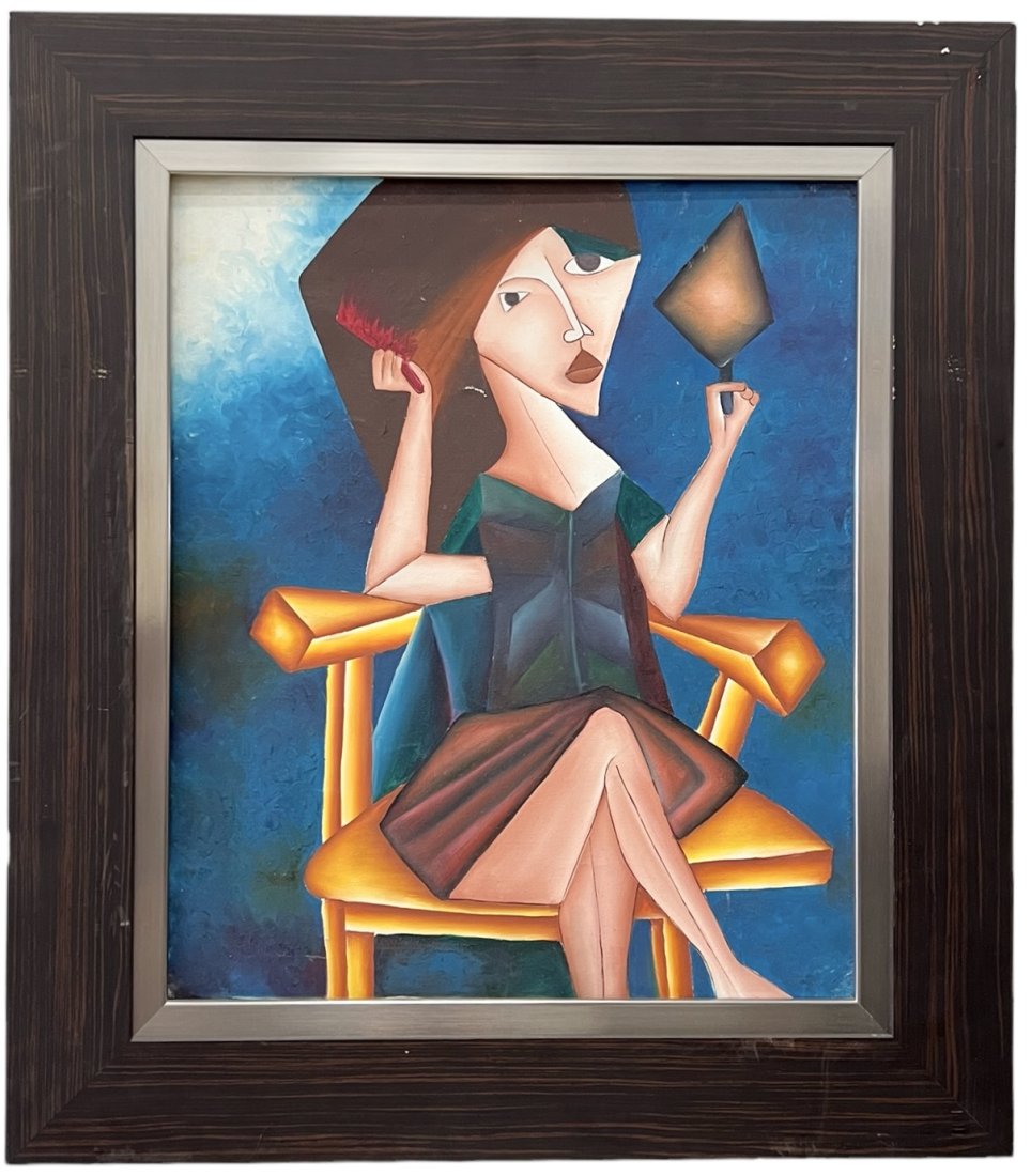 Vintage Cubist Portrait Of A Woman: Oil on canvas 25 x 21 in, 32.5 x 29 in (framed)