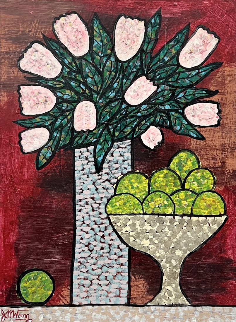 Naive Chinese Modernist Still Life, Signed Wong: Acrylic on canvas 24 x 18 in