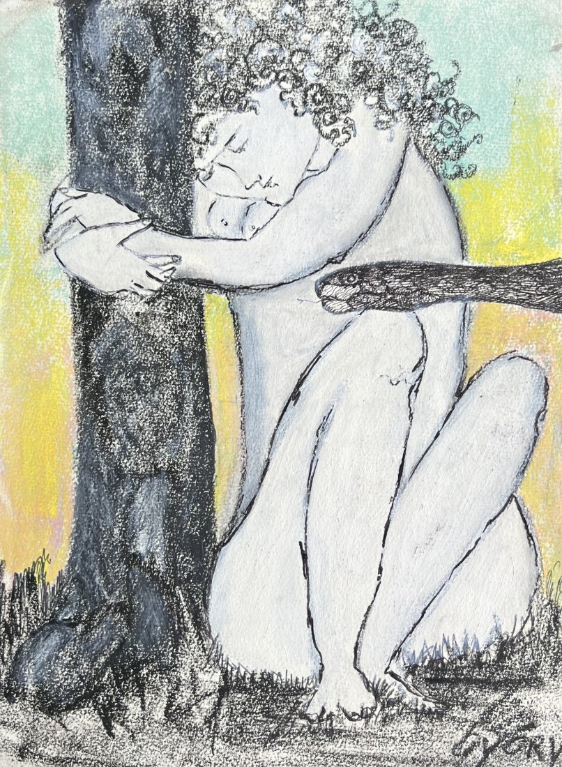 ESZTER GYORY (b. 1940, Florida) Eve With The Serpent In The Garden Of Eden: Mixed media on paper 15 x 11 in