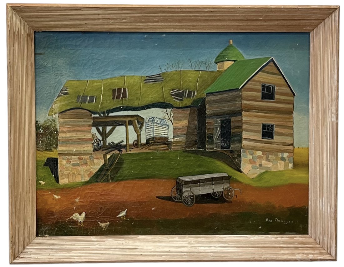 American WPA Regionalist Farm Scene, Signed: Oil on canvas 24 x 18 in, 27.5 x 21.5 in (framed)