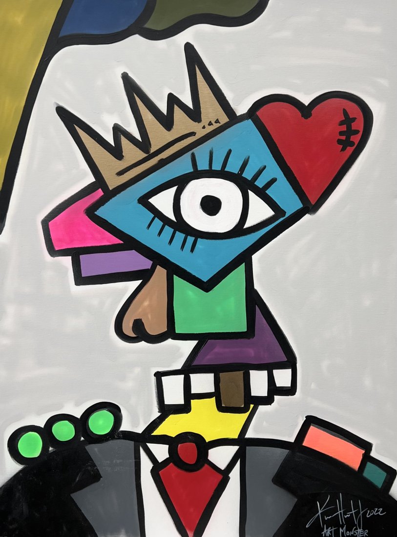 Art Monster Kenneth Hunt, Florida Artist Large Cubist Abstract: Acrylic on canvas 48 x 36 in