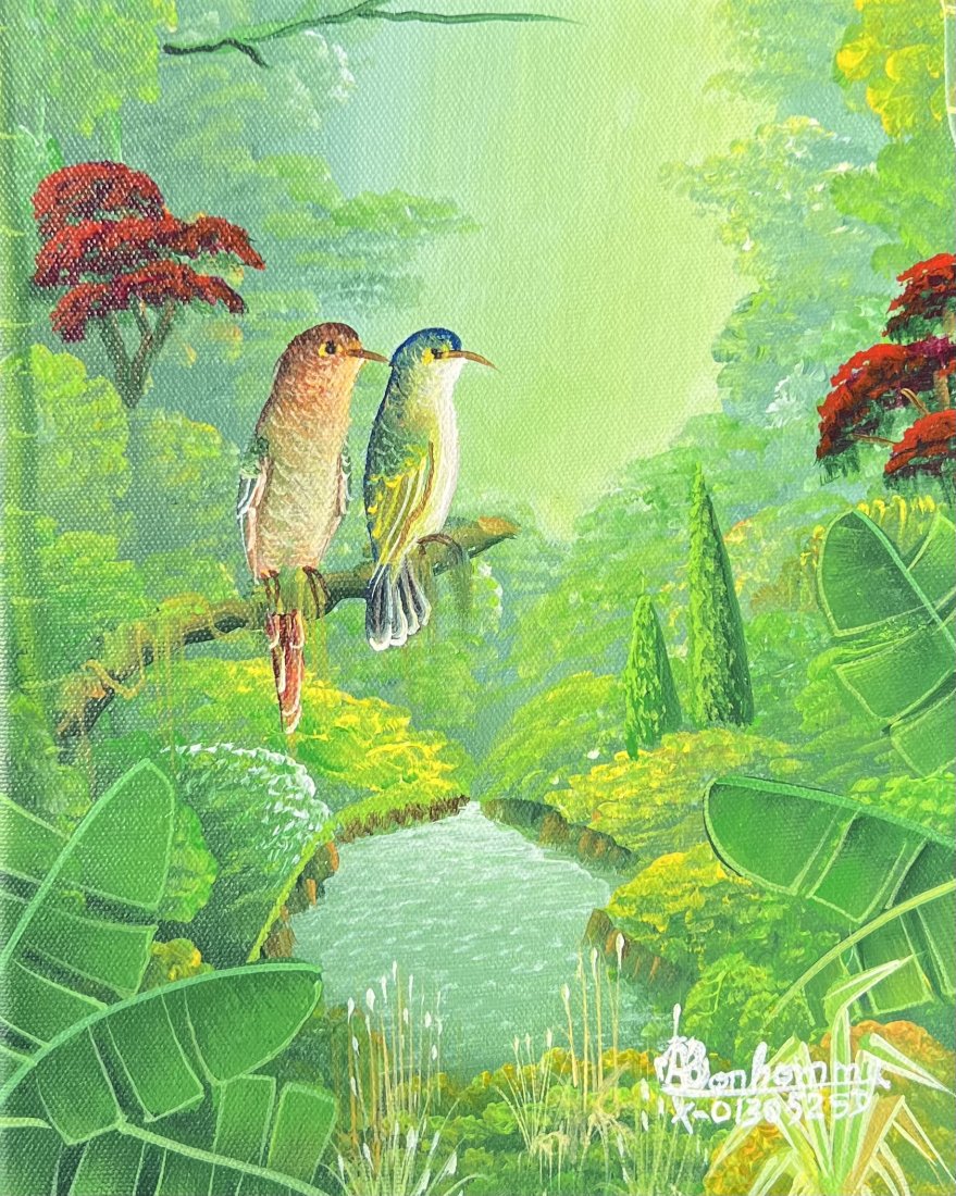 ALBOTT BONHOMME (b. 1963, Haitian) Jungle Landscape w/ Birds: Oil on canvas 8 x10. Purchased directly from the artist