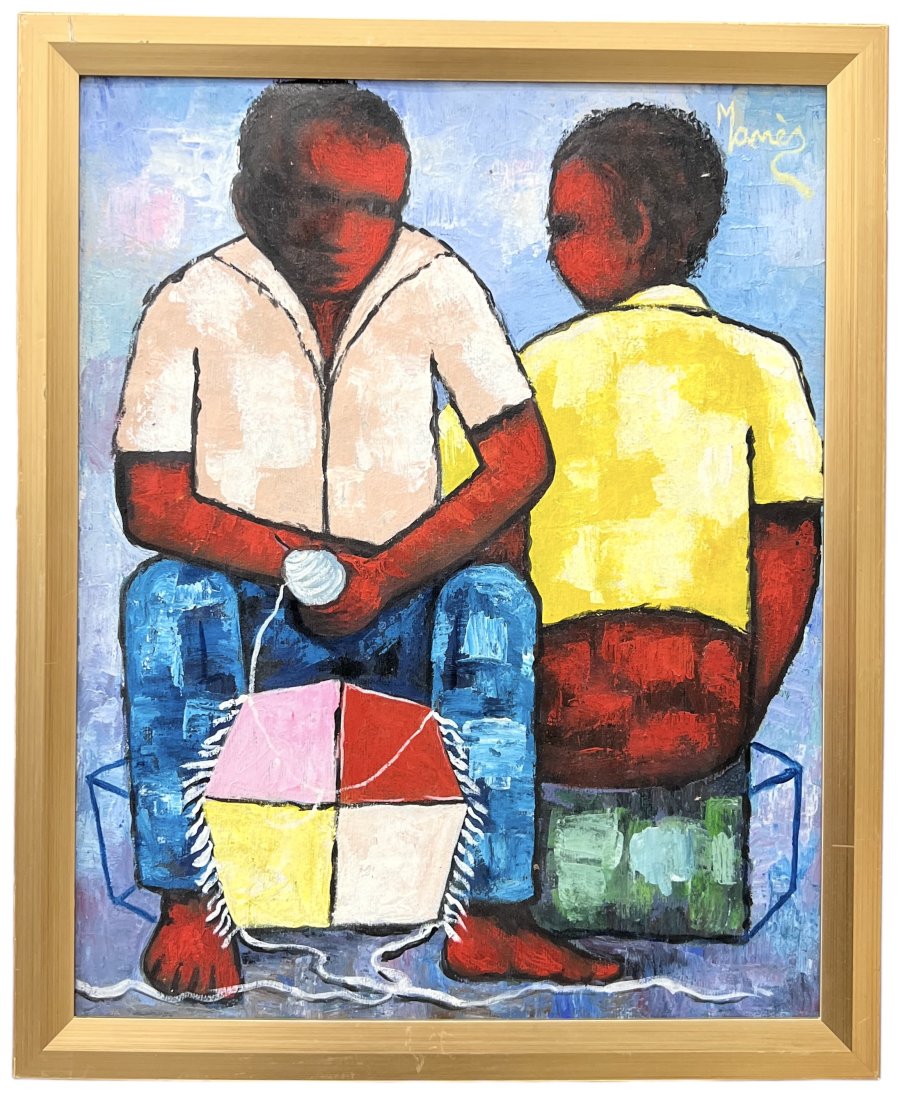 MANES DESCOLLINES (1936-1985, Haiti) Seated Figures: Oil on canvas 20 x 16 in, 22 x 18 in (framed)