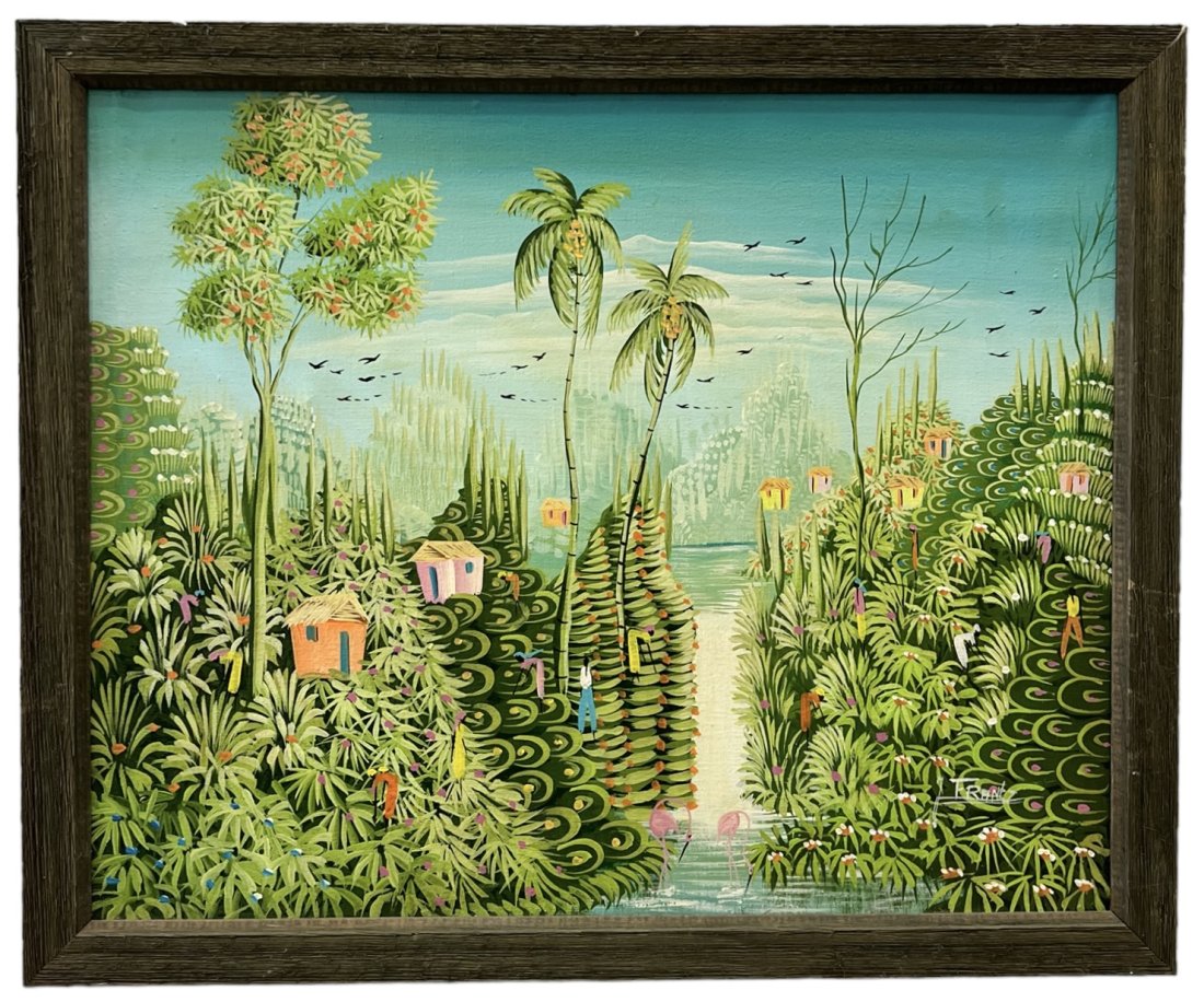 Vintage Primitive Haitian Jungle Landscape, Signed: Oil on canvas 24 x 19.5 in, 26 x 21.5 in (framed)