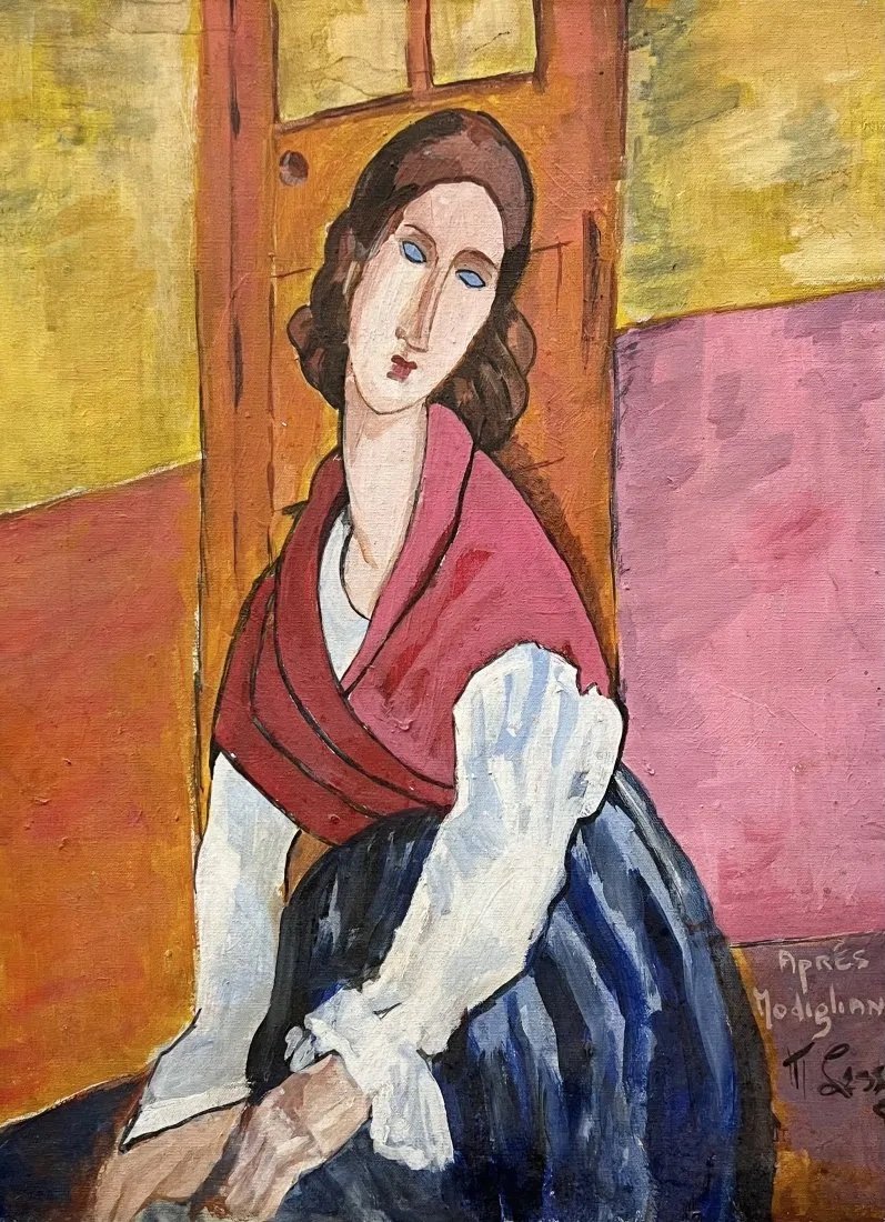 Modernist Portrait Of A Woman, Style Of Modigliani: Oil on canvas 24 x 18 in