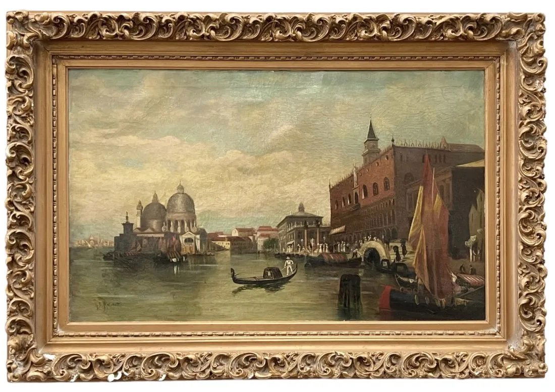 Antique Italian School Venetian Harbor Scene, Signed, Impressive Frame (1 of 7)
