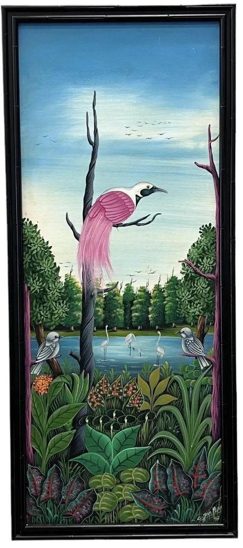 CEVE JEAN MARIO (20th c, Haiti) Jungle Landscape: Oil on canvas 39 x 16 in, 41 x 18 in (framed)