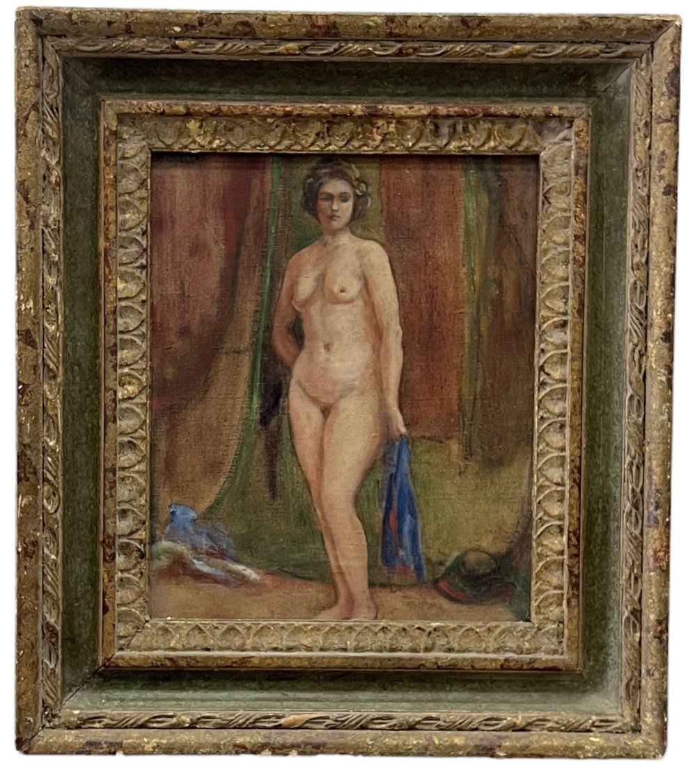 Early 20th Century American Nude Portrait Of A Woman Signed H. King: Oil on canvas 12 x 10 in, 17 x 15 in (framed). This could possibly be attributed to Hamilton King. There is a NYC address on the back.