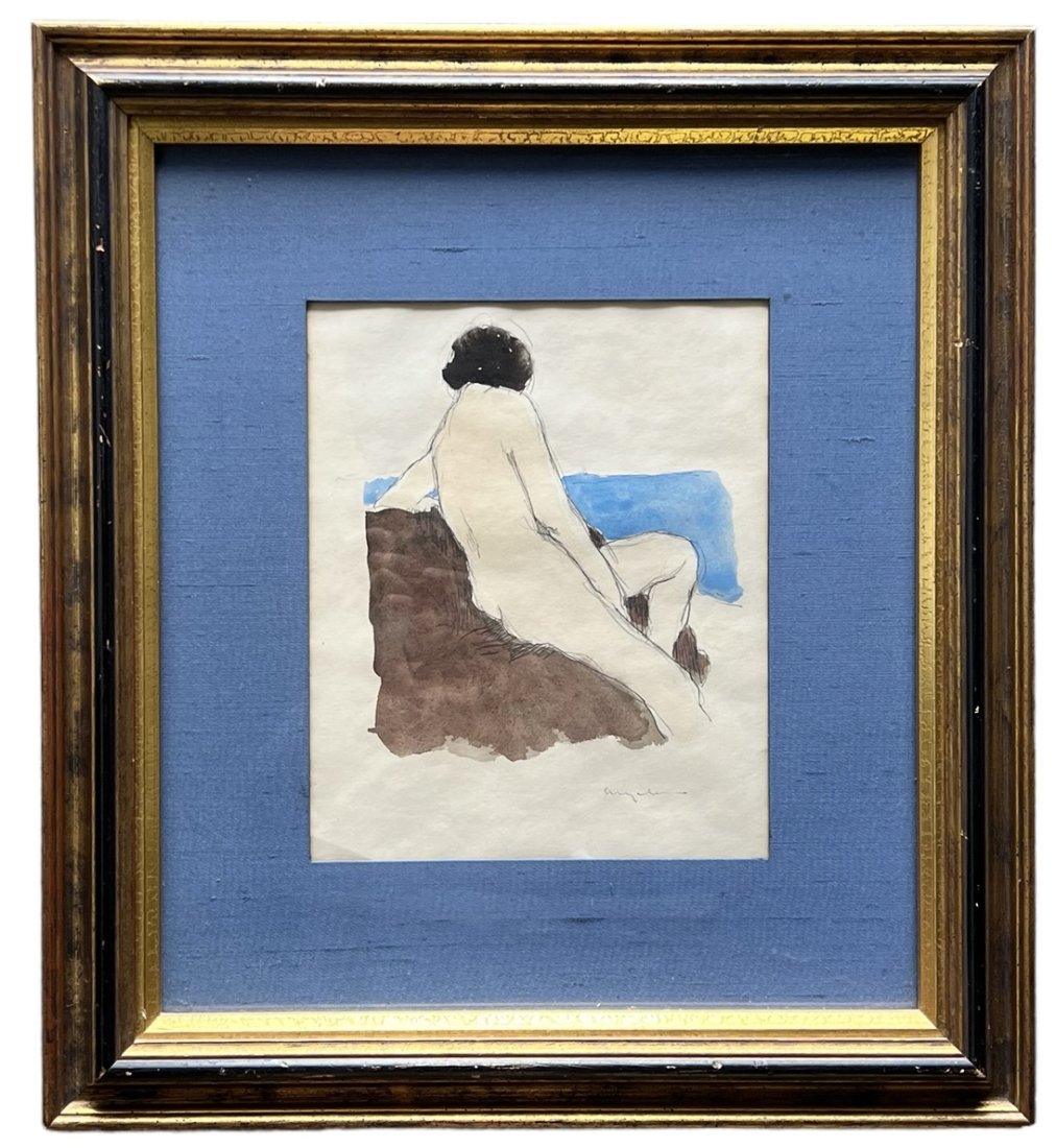 Modernist Nude Mixed Media, Illegible Signature Gallery Label Verso: Mixed media on paper 10.5 x 8.5 in, 20.5 x 18.5 in (framed)