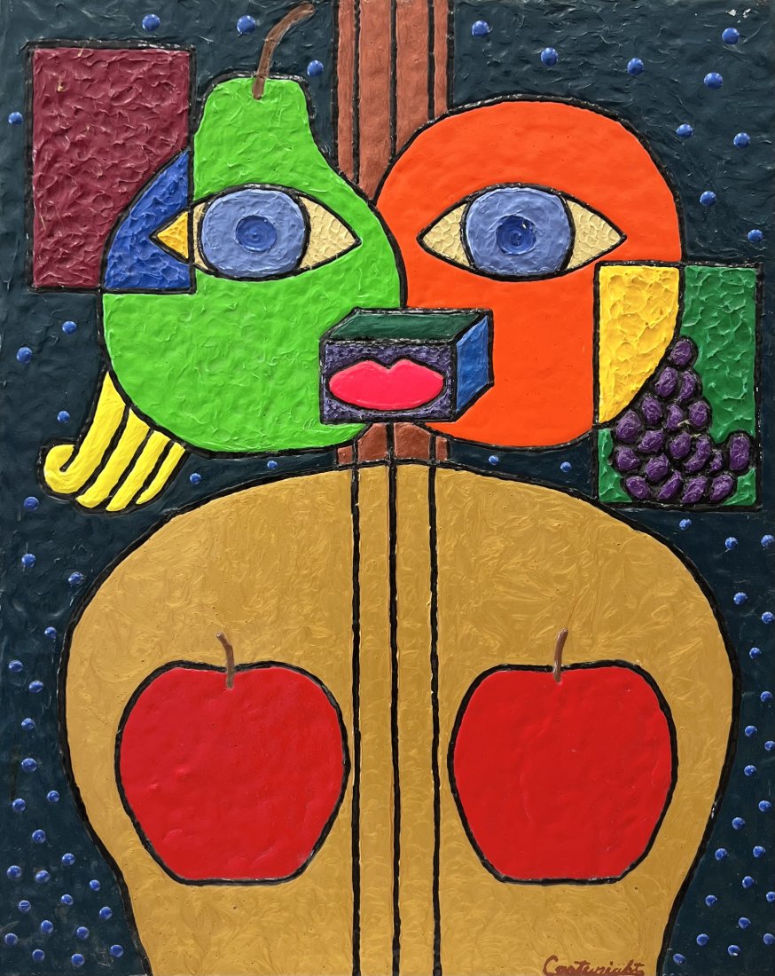 Colorful Contemporary Cubist Abstract Painting, Signed: Mixed media on canvas 30 x 24 in