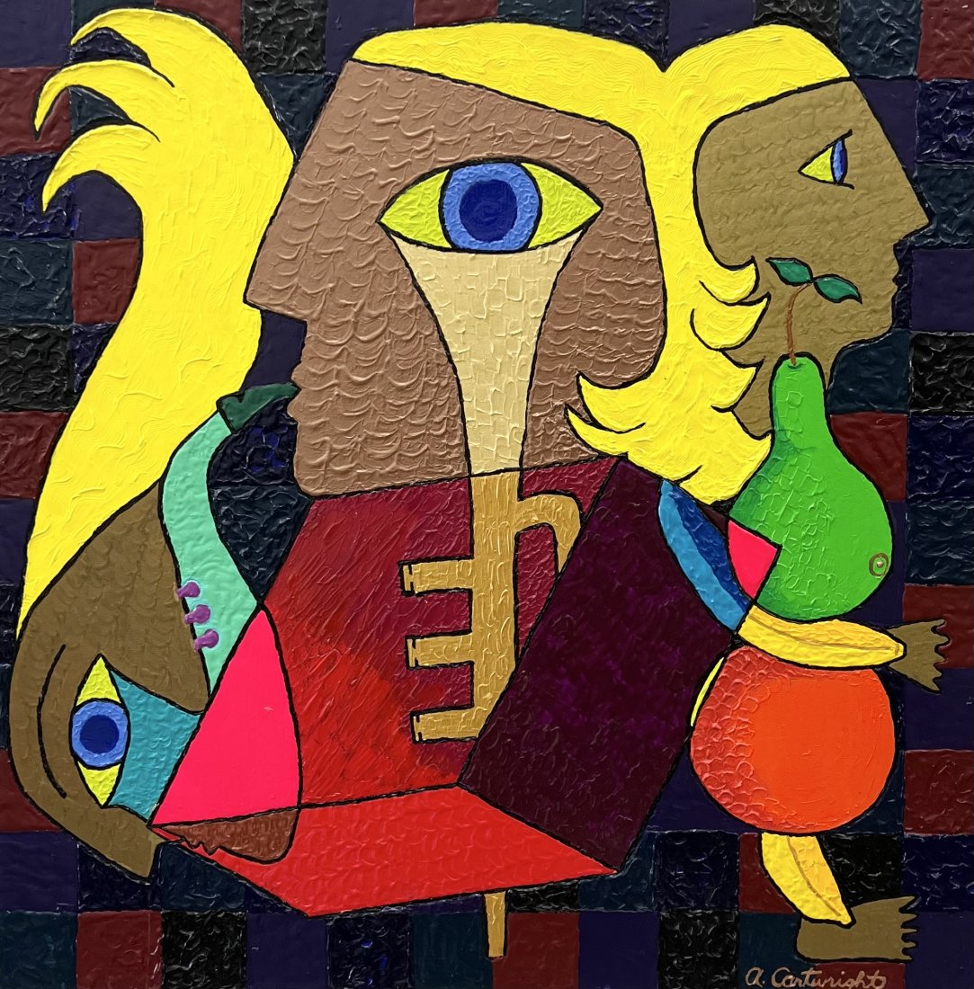 Colorful Contemporary Cubist Abstract Painting, Signed: Mixed media on canvas 36 x 36 in