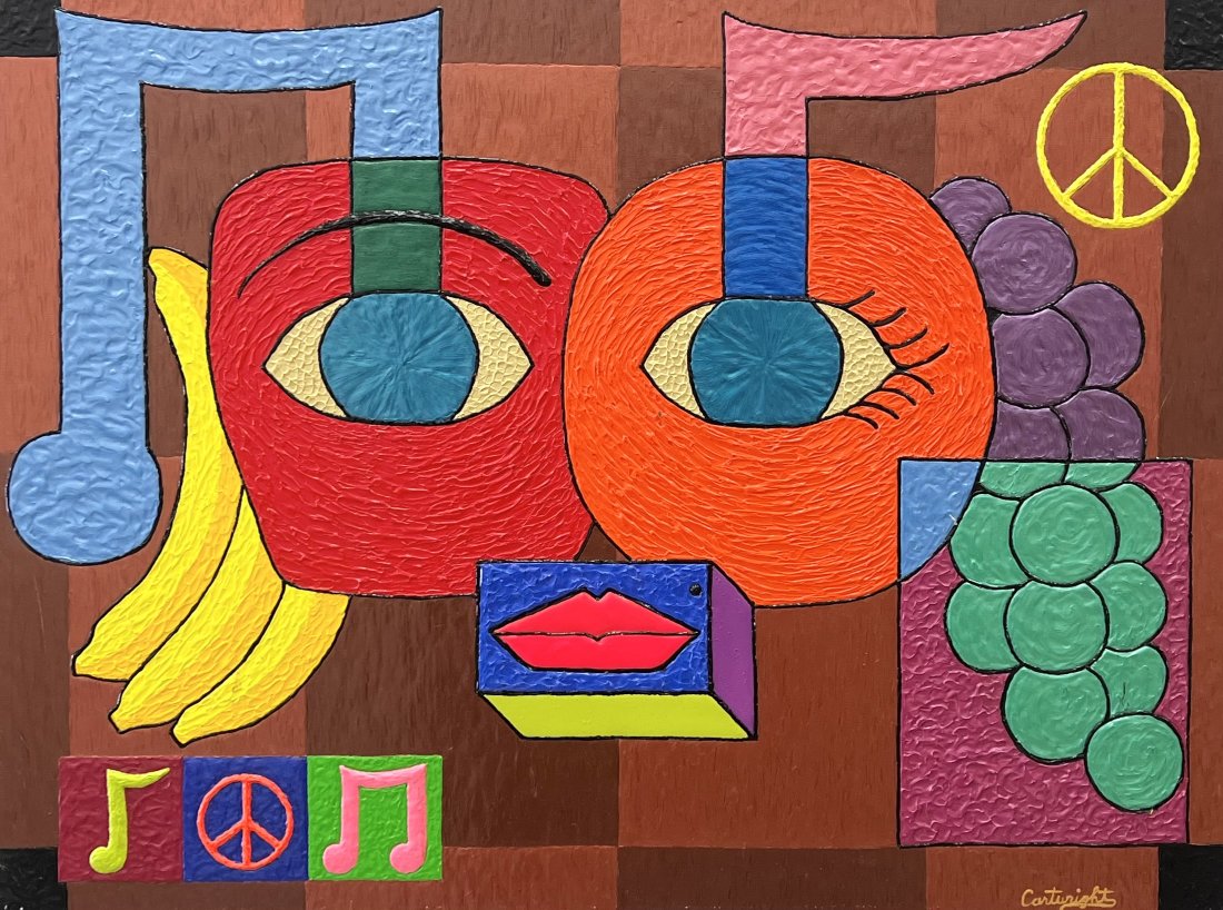 Colorful Contemporary Cubist Abstract Painting, Signed: Mixed media on canvas 48 x 36 in