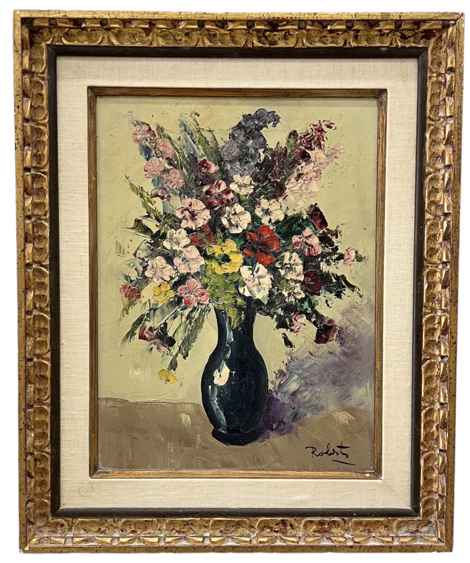Vintage American Still Life Signed Roberts: Oil on canvas 16 x 12 in, 21.5 x 18 in (framed)