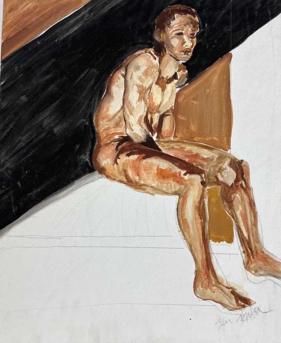 Mid-Century Modern Black Male Nude Painting: Oil on board 16 x 20 in