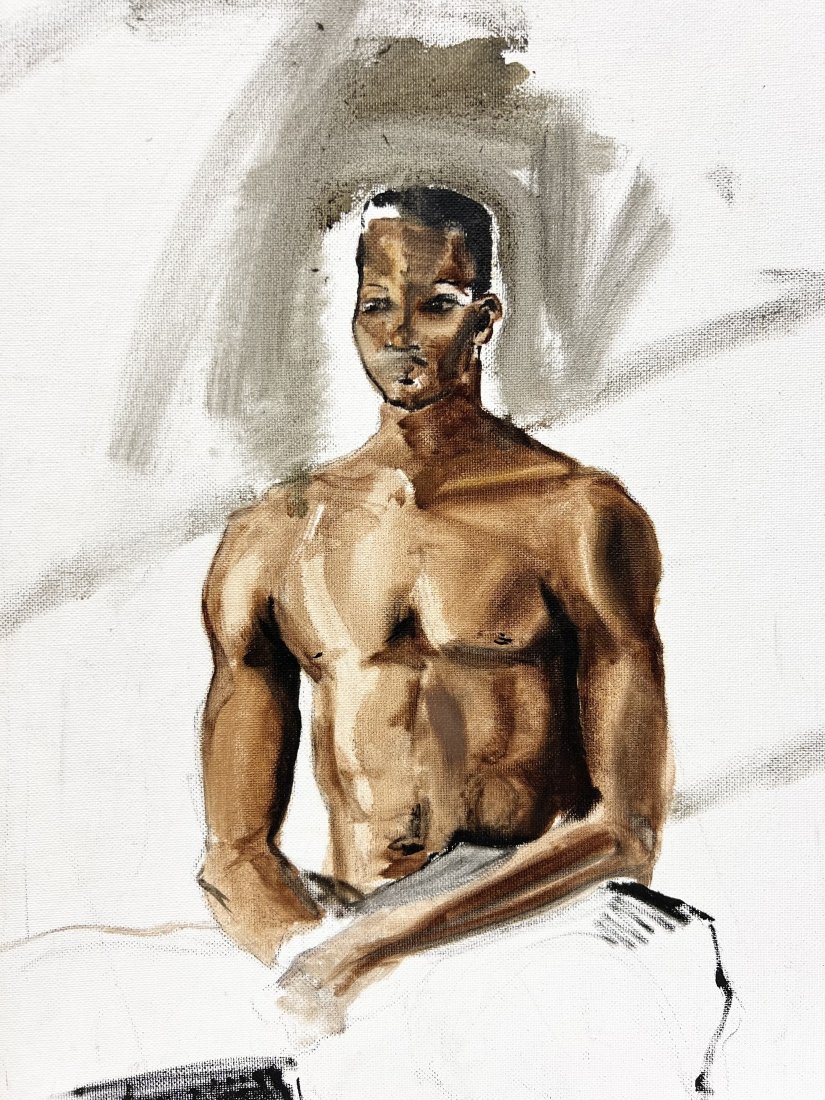 Mid-Century Modern Black Male Nude Painting: 16 x 20 in