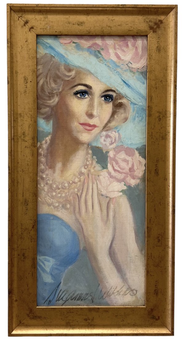 Art Deco Portrait Of An Elegant Woman, Signed: oil on canvas 24 x 10 in, 28.5 x 14.5 in (framed)