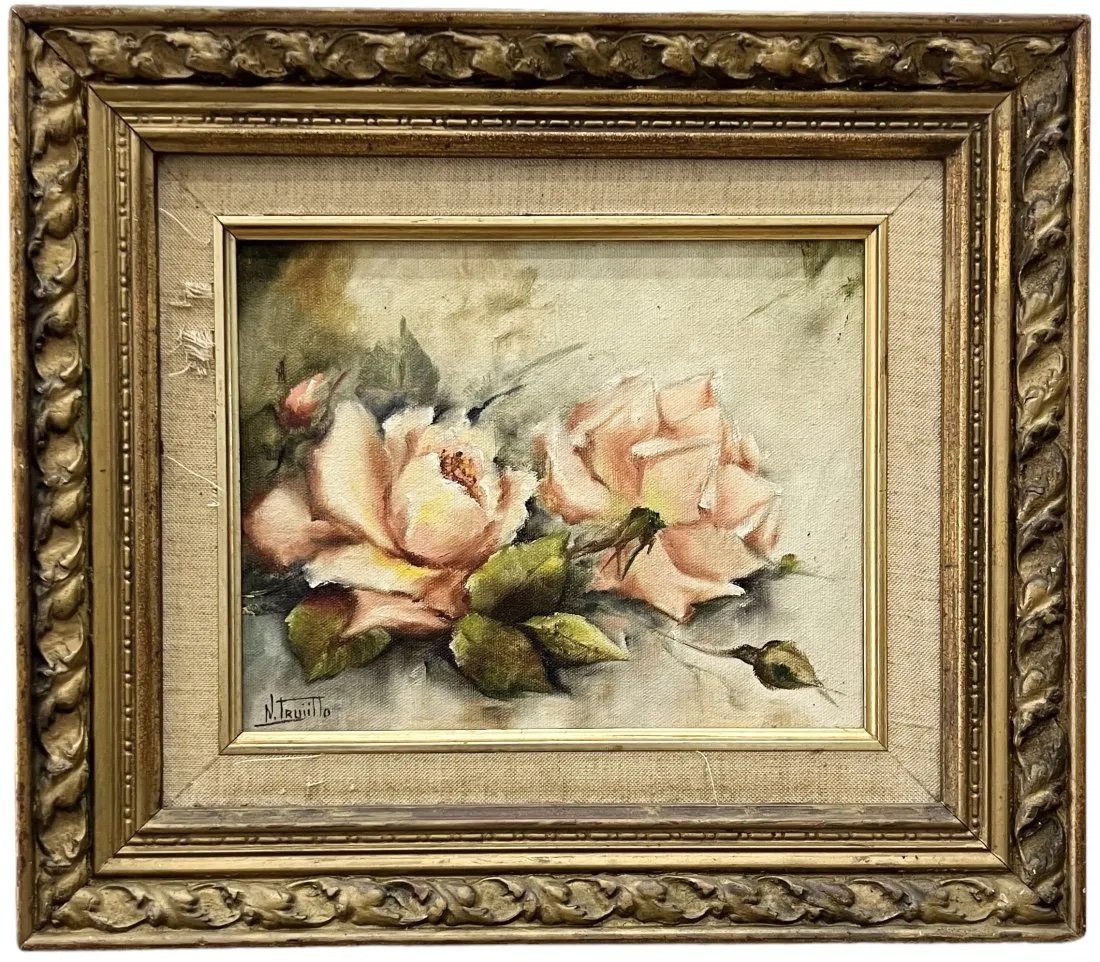 "Rosas Para Mi Mama" Latin American Floral Painting, Signed: Oil on canvas 10 x 8 in, 15 x 13 in (framed)
