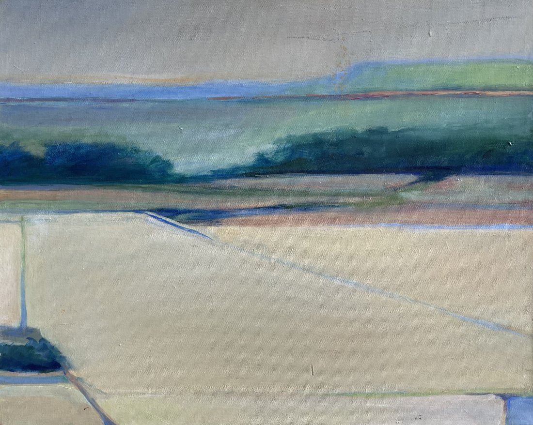 American Modernist Linear Landscape Painting, Unsigned: Oil on canvas 16 x 20 in