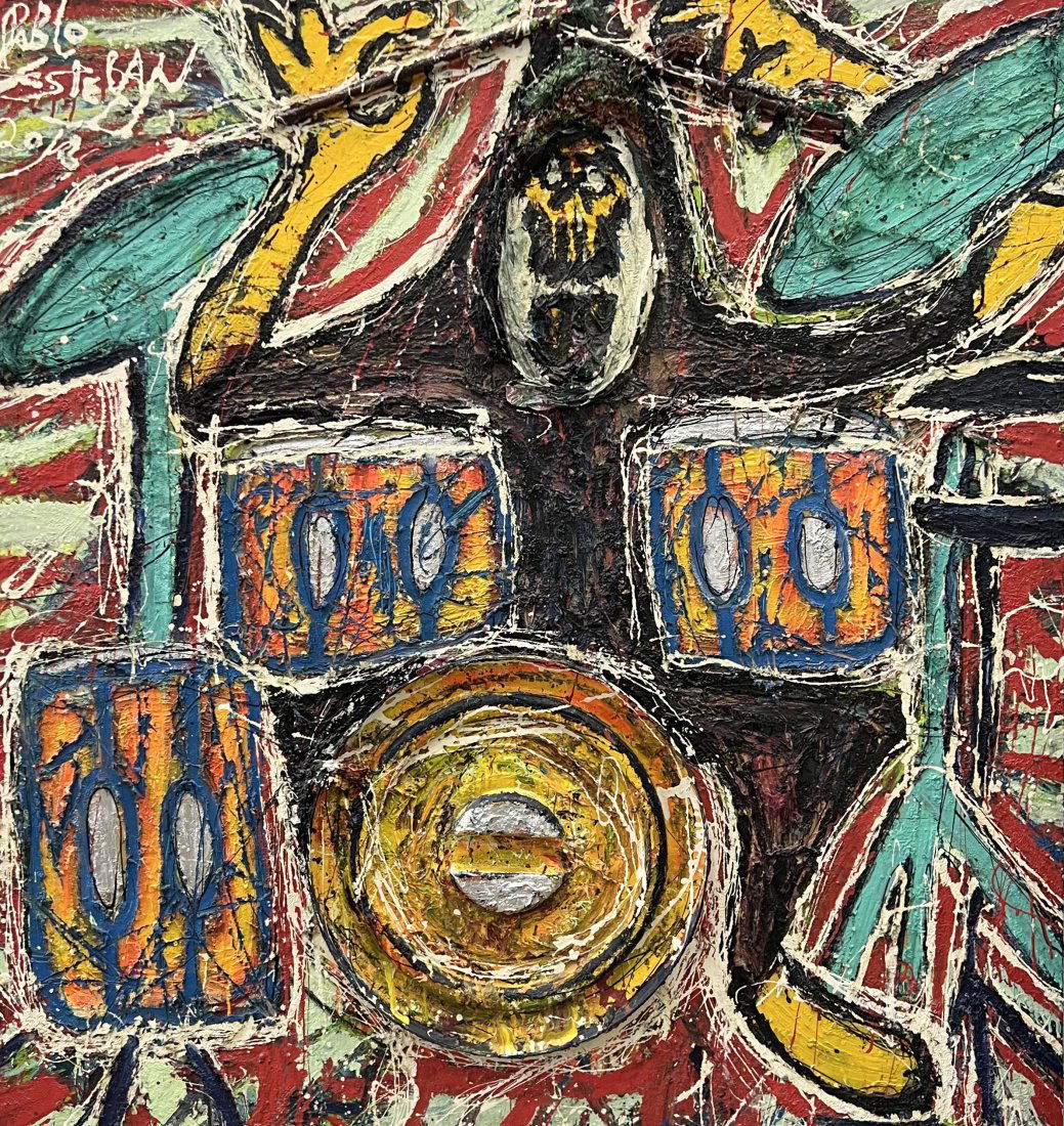 PABLO ESTEBAN SANCHEZ RIJLAARSDAM (b. 1988, Mexico) Death On Drums, Monumental: 55 x 59 in. Monumental size, thick paint