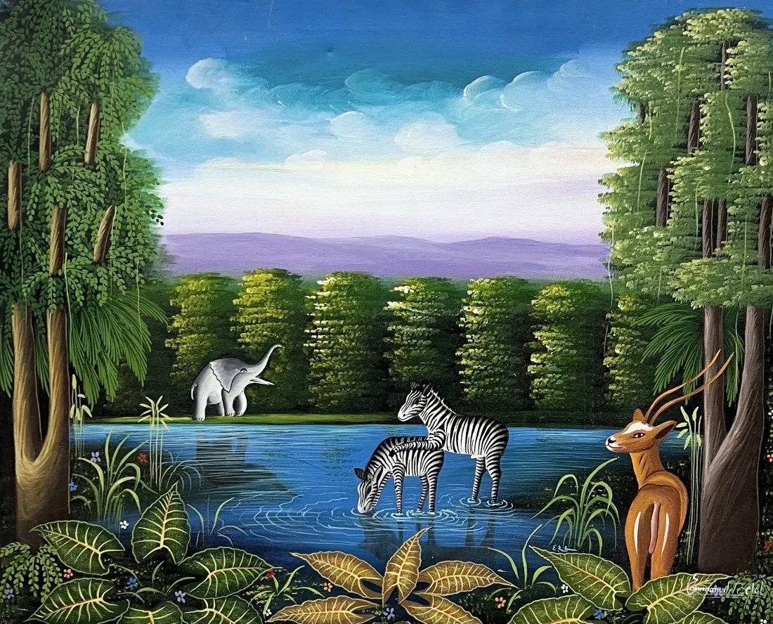 EMMANUEL BELOT (20th c, Haiti) Naive Jungle Landscape: Oil on canvas 24 x 19.5 in