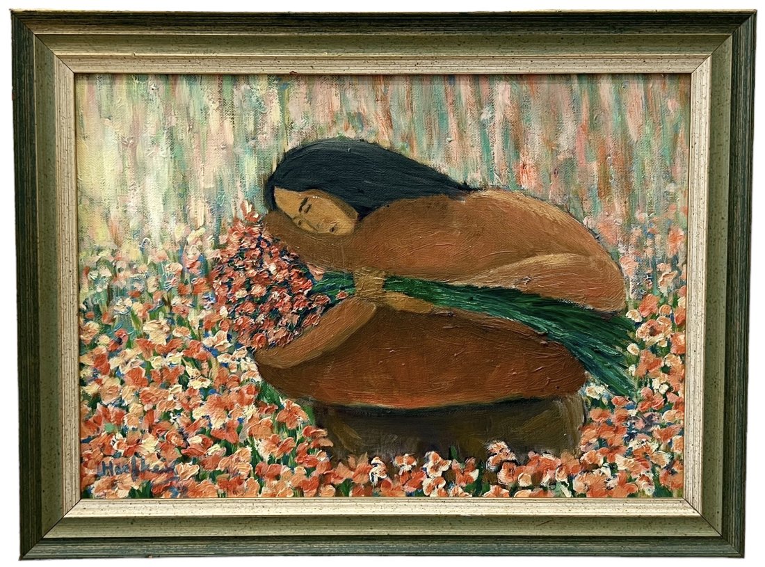 Puerto Rican Modernist Taino Indian Figure w/ Flowers In Field, Signed: Oil on board 19.5 x 14.5 in (framed)